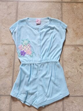 Vintage Light Blue Pineapple Embroidered Girl Romper